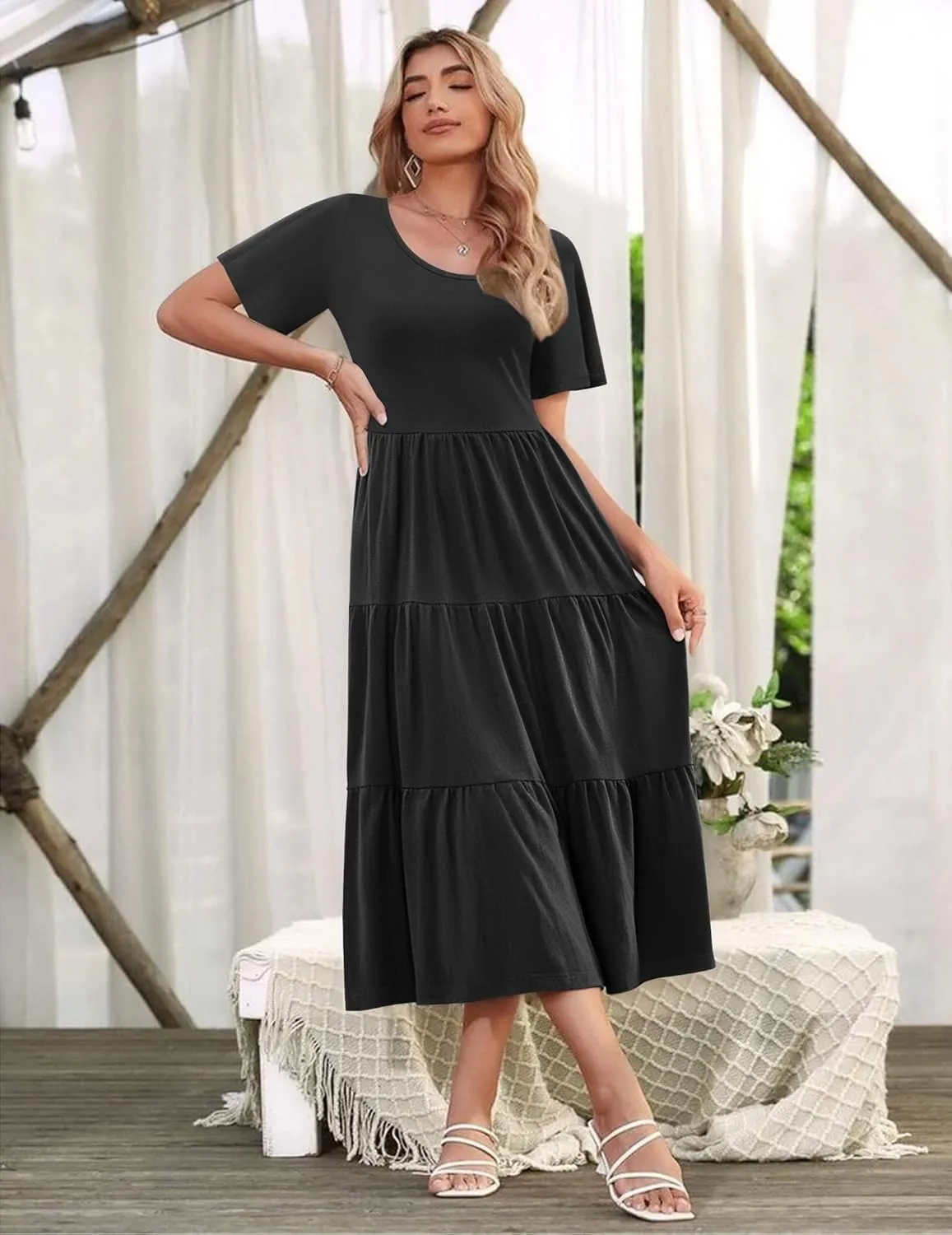 Zeagoo Women's Summer Dress Midi Floral Flutter Short Sleeve Casual Dresses with Pockets Tiered Flowy Boho Beach Dress