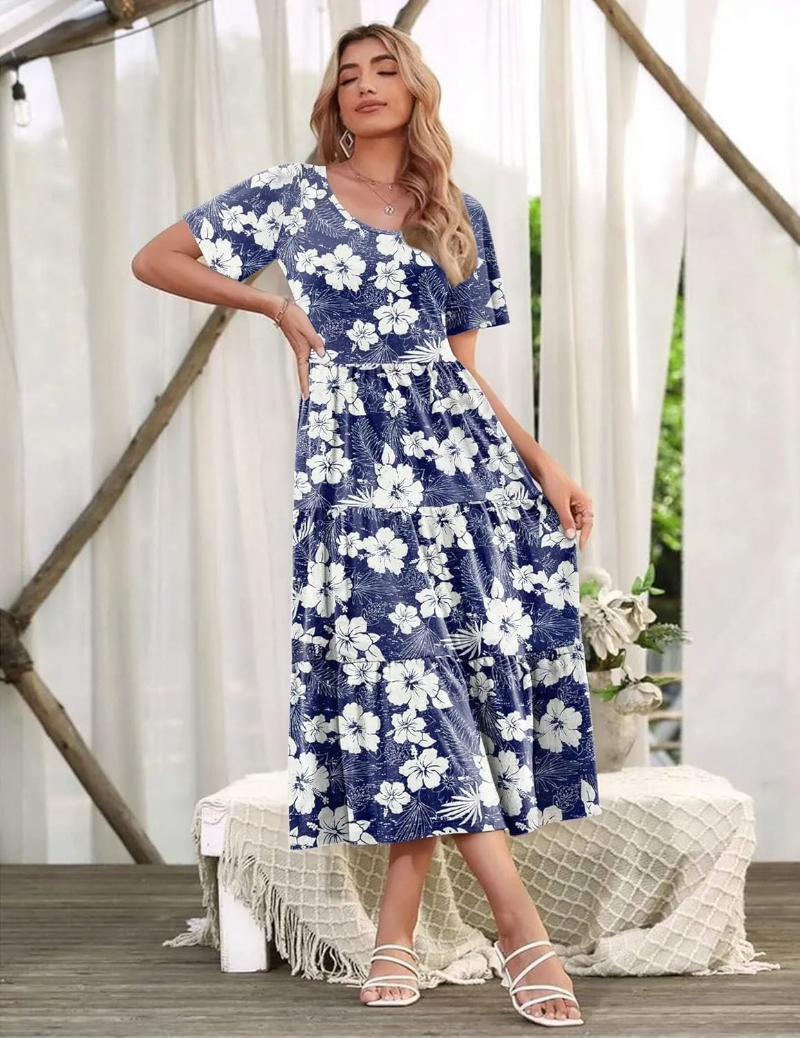 Zeagoo Women's Summer Dress Midi Floral Flutter Short Sleeve Casual Dresses with Pockets Tiered Flowy Boho Beach Dress