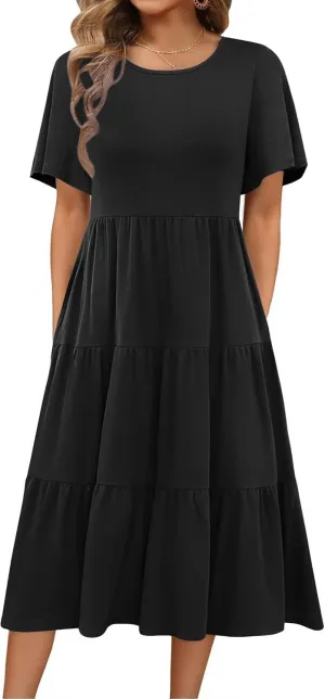 Zeagoo Women's Summer Dress Midi Floral Flutter Short Sleeve Casual Dresses with Pockets Tiered Flowy Boho Beach Dress