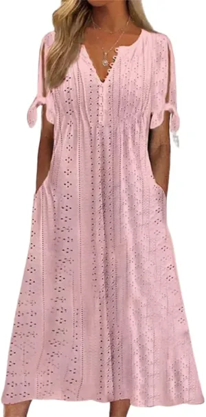 ZOCAVIA Women's Boho Eyelet Midi Dress Embroidery Lace V Neck Button Tie Knot Short Sleeve Beach Dresses with Pockets