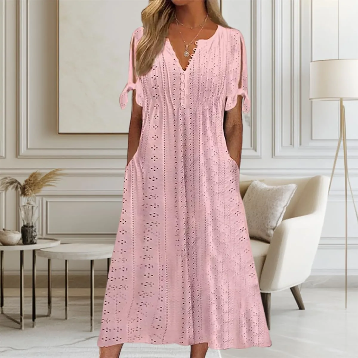 ZOCAVIA Women's Boho Eyelet Midi Dress Embroidery Lace V Neck Button Tie Knot Short Sleeve Beach Dresses with Pockets