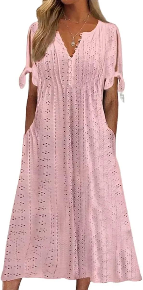 ZOCAVIA Women's Boho Eyelet Midi Dress Embroidery Lace V Neck Button Tie Knot Short Sleeve Beach Dresses with Pockets
