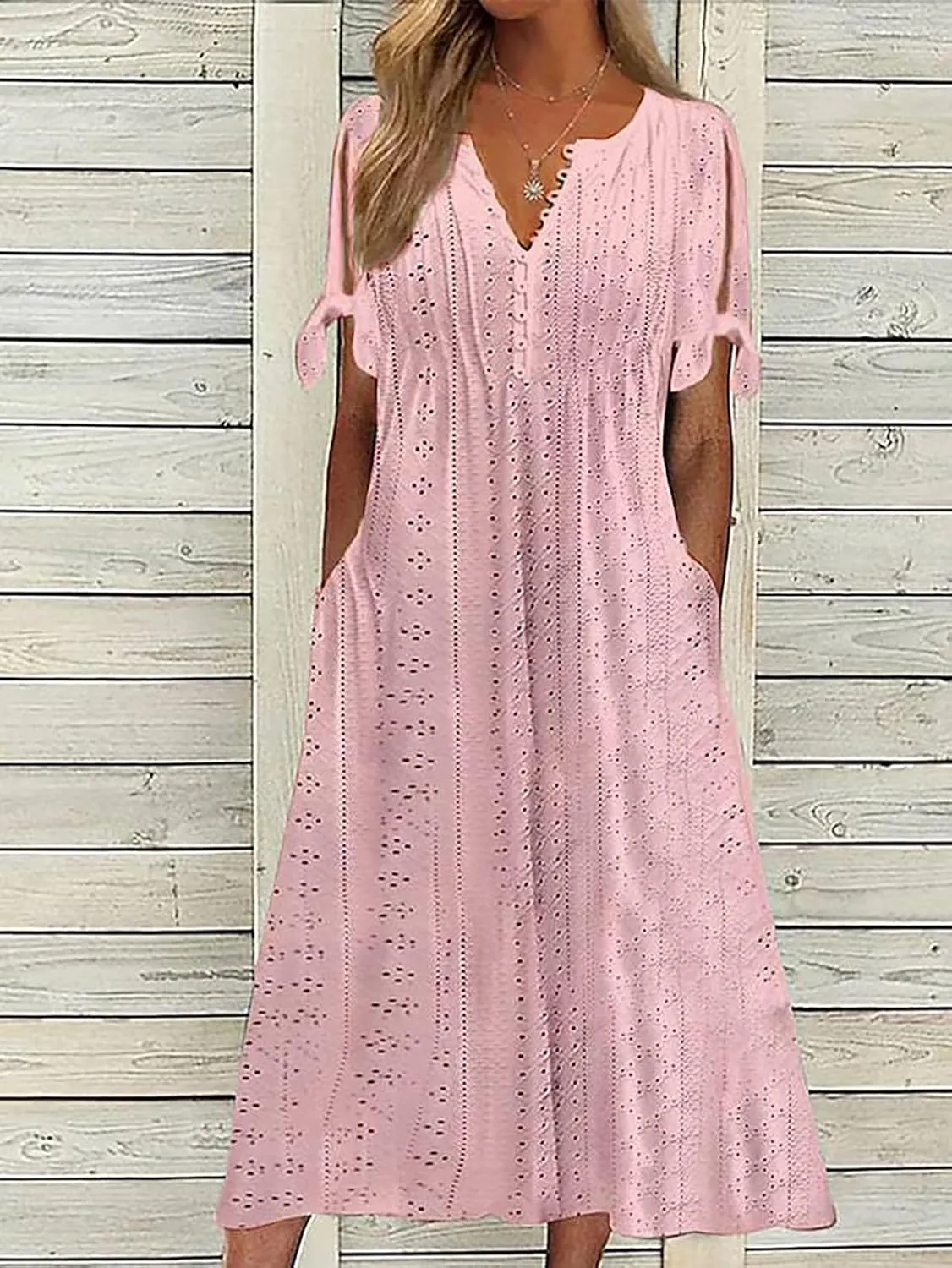 ZOCAVIA Women's Boho Eyelet Midi Dress Embroidery Lace V Neck Button Tie Knot Short Sleeve Beach Dresses with Pockets