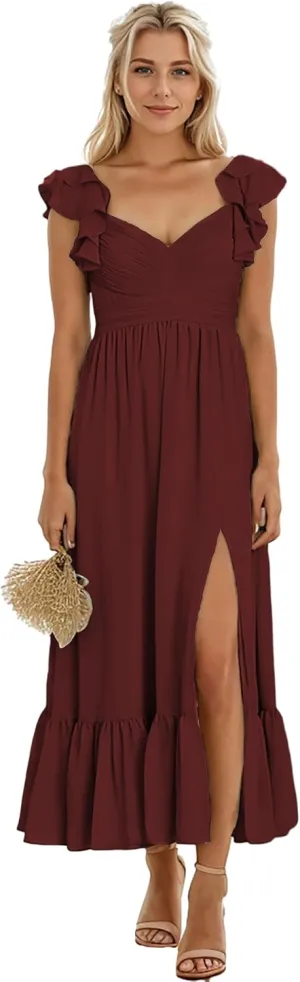 Zoghoo Chiffon Bridesmaid Dresses for Wedding V Neck Long Formal Dress with Slit Ruffle Evening Party Gown