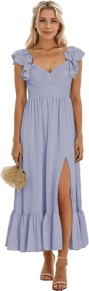 Zoghoo Chiffon Bridesmaid Dresses for Wedding V Neck Long Formal Dress with Slit Ruffle Evening Party Gown