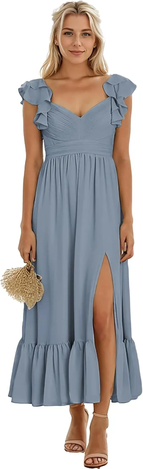 Zoghoo Chiffon Bridesmaid Dresses for Wedding V Neck Long Formal Dress with Slit Ruffle Evening Party Gown