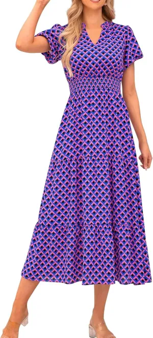 ZYXTIM Woman's Floral V Neck Boho Dress Short Sleeve A-Line Flowy Maxi Beach Vacation Dresses High Waist Wedding Guest Skirts