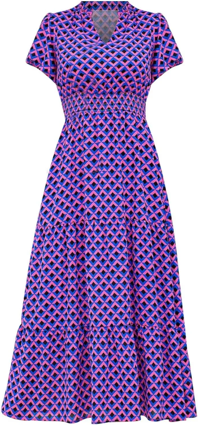 ZYXTIM Woman's Floral V Neck Boho Dress Short Sleeve A-Line Flowy Maxi Beach Vacation Dresses High Waist Wedding Guest Skirts