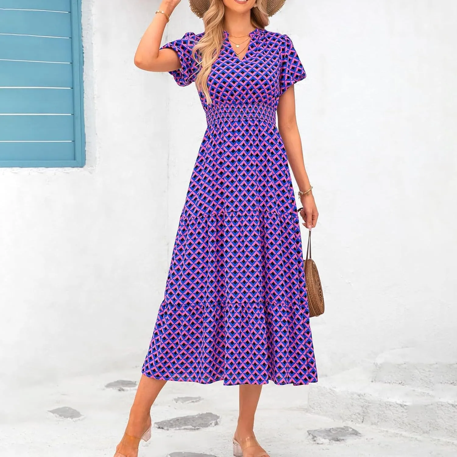ZYXTIM Woman's Floral V Neck Boho Dress Short Sleeve A-Line Flowy Maxi Beach Vacation Dresses High Waist Wedding Guest Skirts