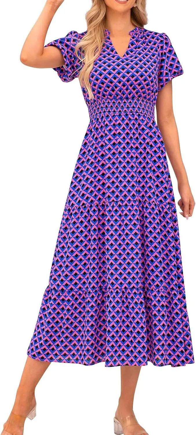 ZYXTIM Woman's Floral V Neck Boho Dress Short Sleeve A-Line Flowy Maxi Beach Vacation Dresses High Waist Wedding Guest Skirts