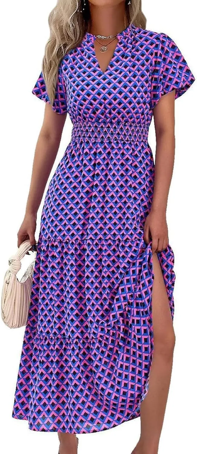 ZYXTIM Woman's Floral V Neck Boho Dress Short Sleeve A-Line Flowy Maxi Beach Vacation Dresses High Waist Wedding Guest Skirts