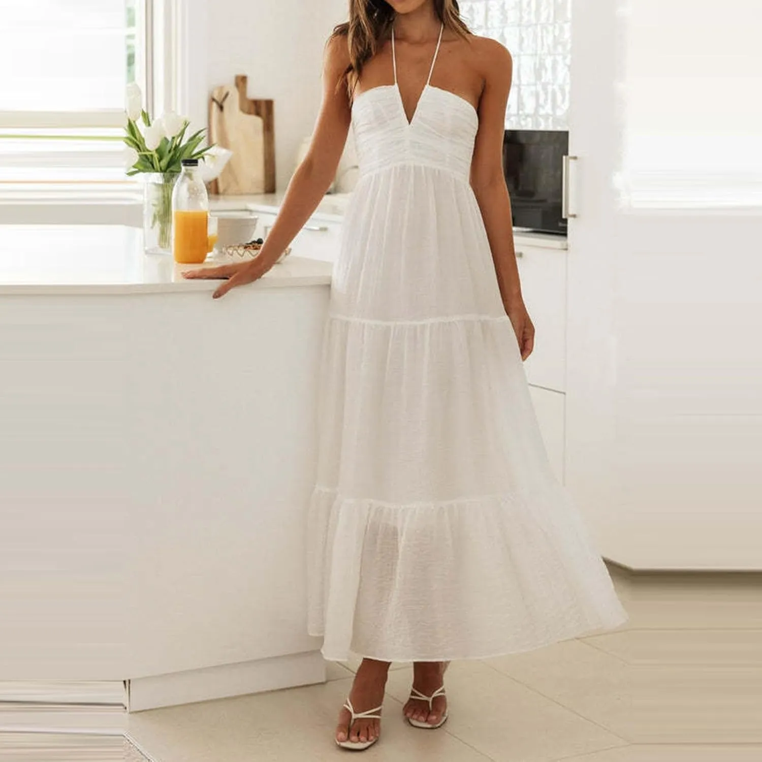 ZYXTIM Women's 2024 Summer Halter Smocked Midi Dress V Neck Ruffle Tiered Swing Flowy Beach Sundress Boho Long Floral Dress