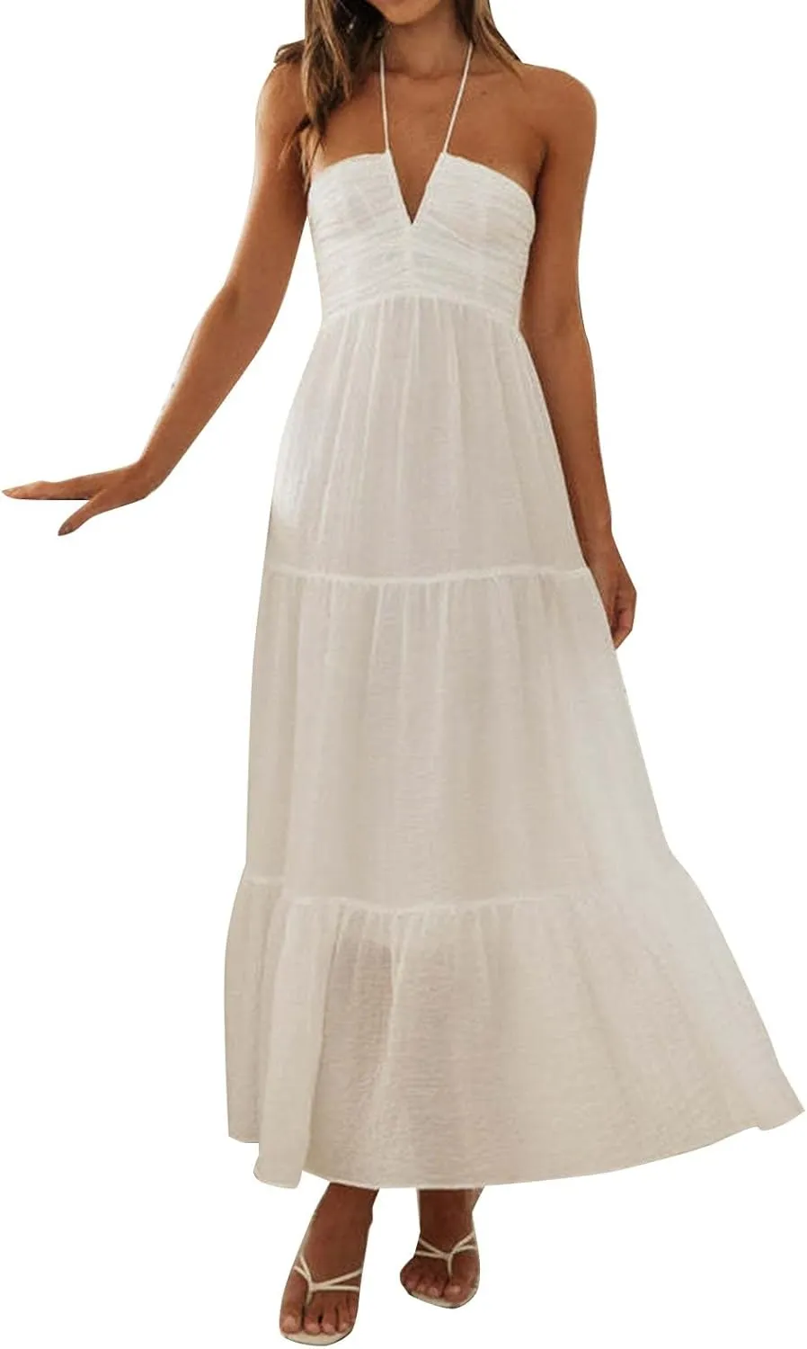 ZYXTIM Women's 2024 Summer Halter Smocked Midi Dress V Neck Ruffle Tiered Swing Flowy Beach Sundress Boho Long Floral Dress