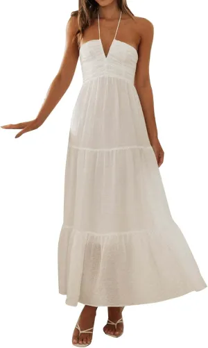 ZYXTIM Women's 2024 Summer Halter Smocked Midi Dress V Neck Ruffle Tiered Swing Flowy Beach Sundress Boho Long Floral Dress
