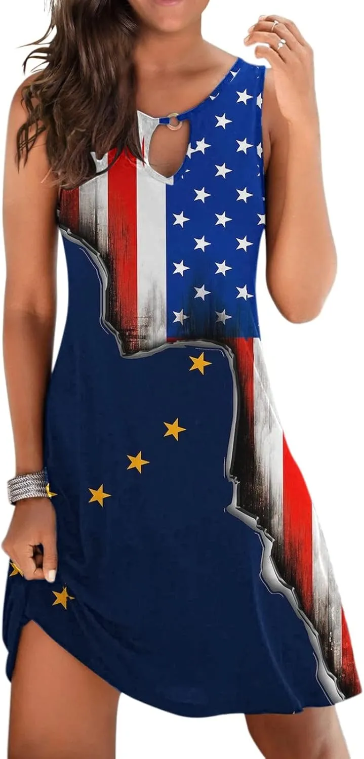 ZYXTIM Women's Casual Summer Sleeveless Dresses American Flag Star Vertical Striped Flowy Swing Shift Dress Boho Tank Dress