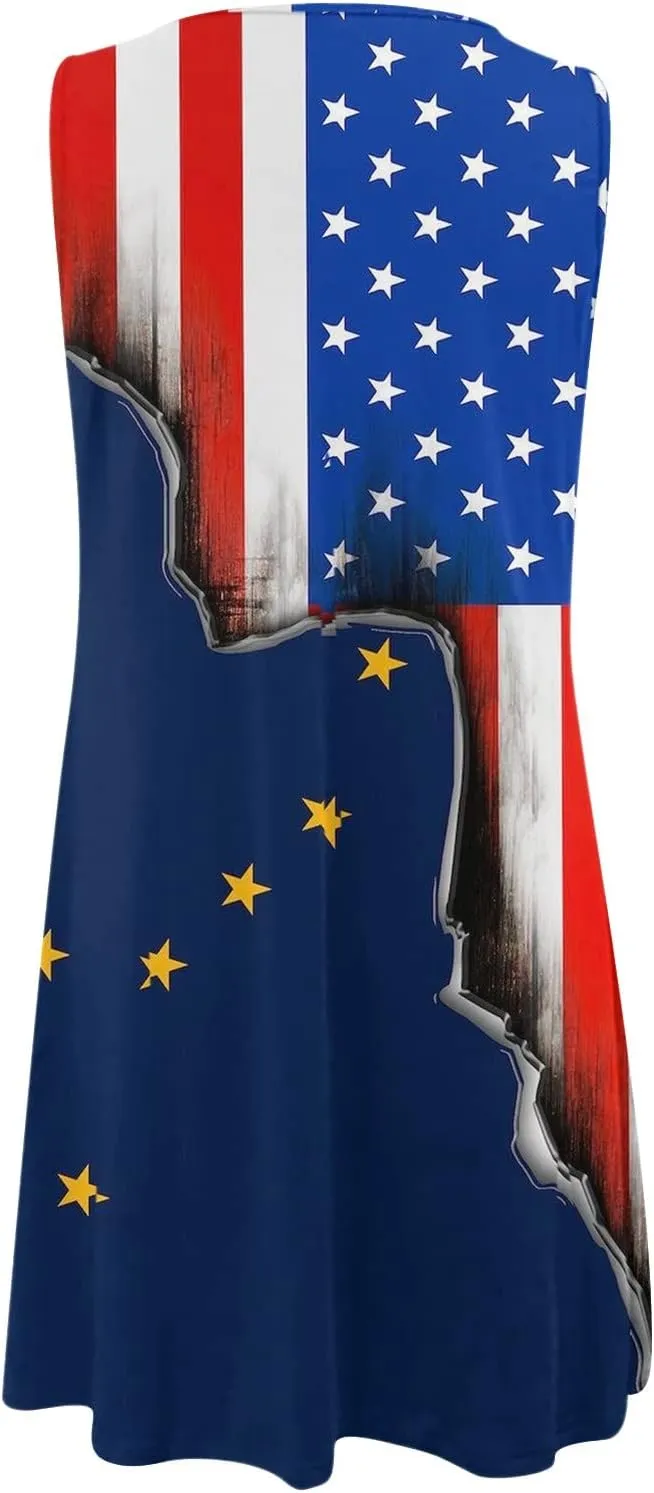 ZYXTIM Women's Casual Summer Sleeveless Dresses American Flag Star Vertical Striped Flowy Swing Shift Dress Boho Tank Dress