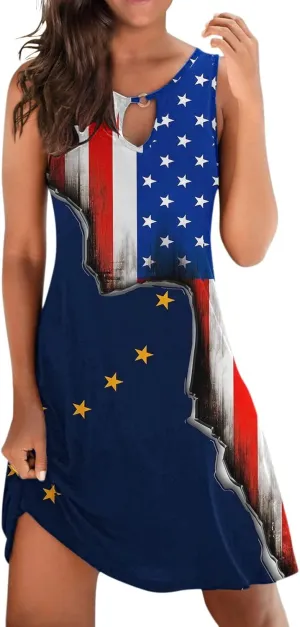 ZYXTIM Women's Casual Summer Sleeveless Dresses American Flag Star Vertical Striped Flowy Swing Shift Dress Boho Tank Dress