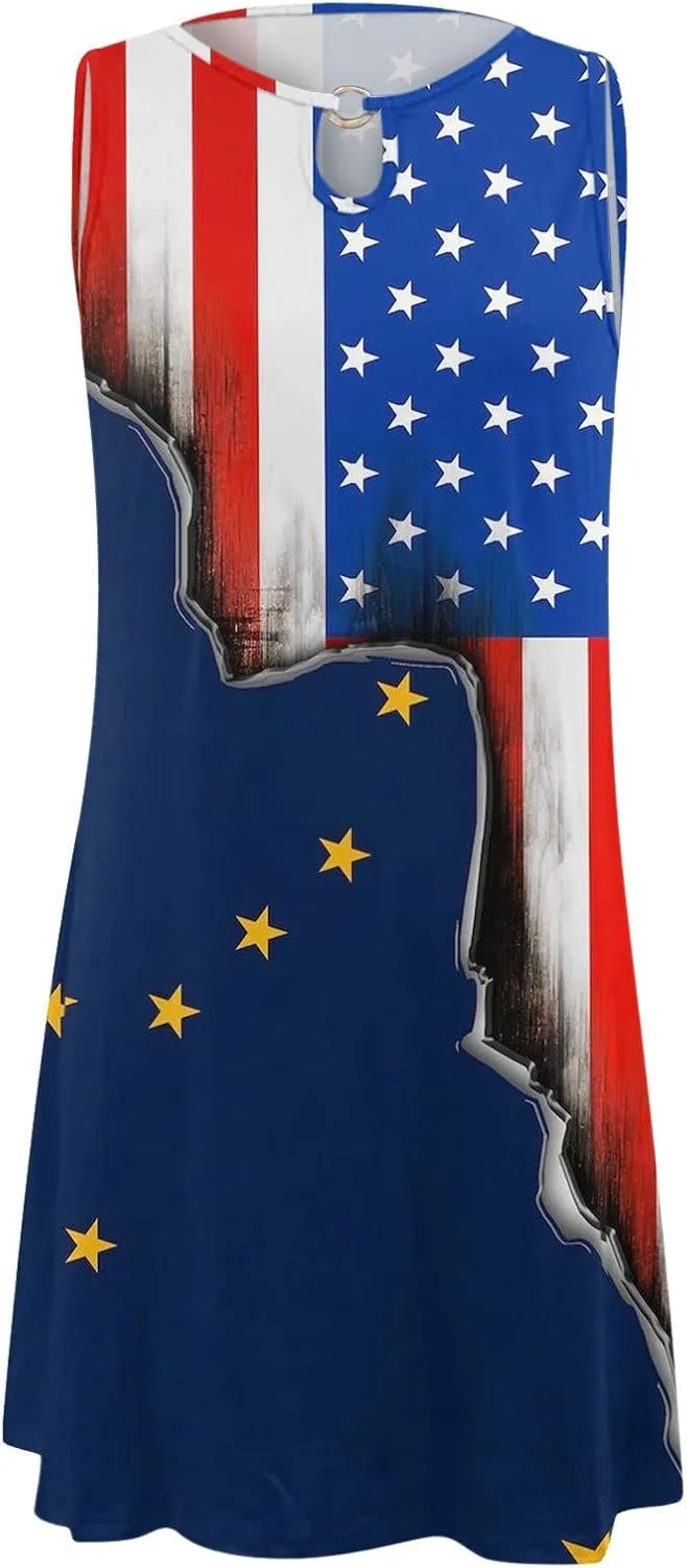 ZYXTIM Women's Casual Summer Sleeveless Dresses American Flag Star Vertical Striped Flowy Swing Shift Dress Boho Tank Dress